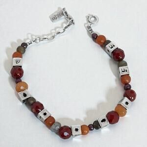 Vintage Sterling Silver 925 Hebrew Symbol Gemstone Beaded Bracelet Adjustable